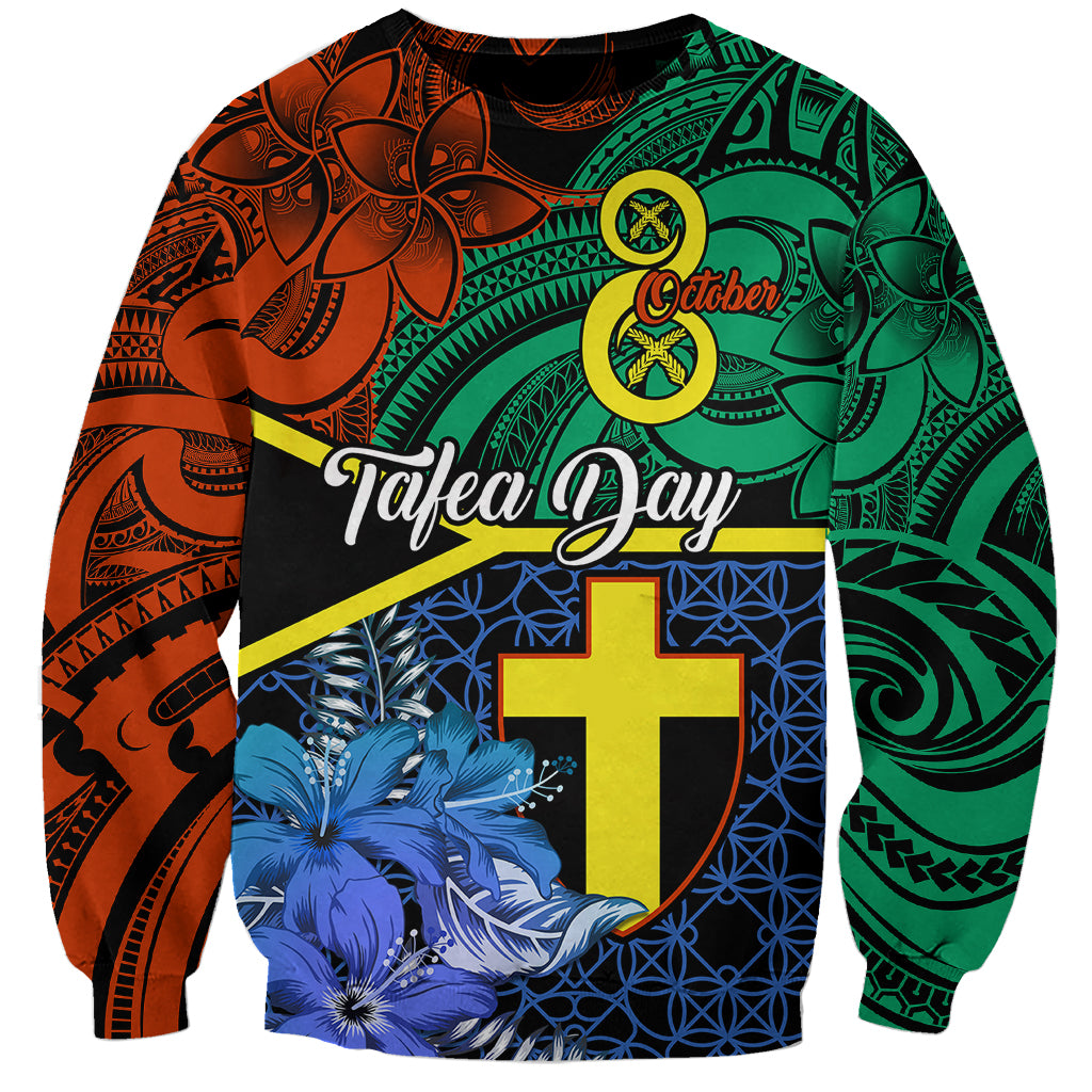 Unisex sweatshirt with blue floral cross graphic and green-orange Polynesian pattern