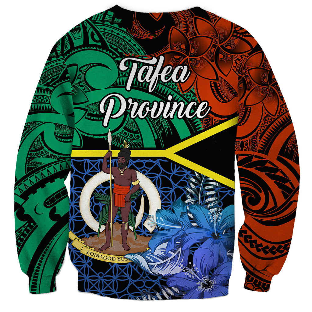 Unisex sweatshirt with green-orange tribal pattern, blue flowers, and 'Tafea Province' print