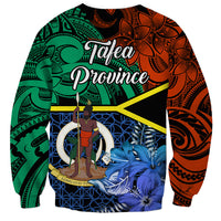 Unisex sweatshirt with green-orange tribal pattern, blue flowers, and 'Tafea Province' print