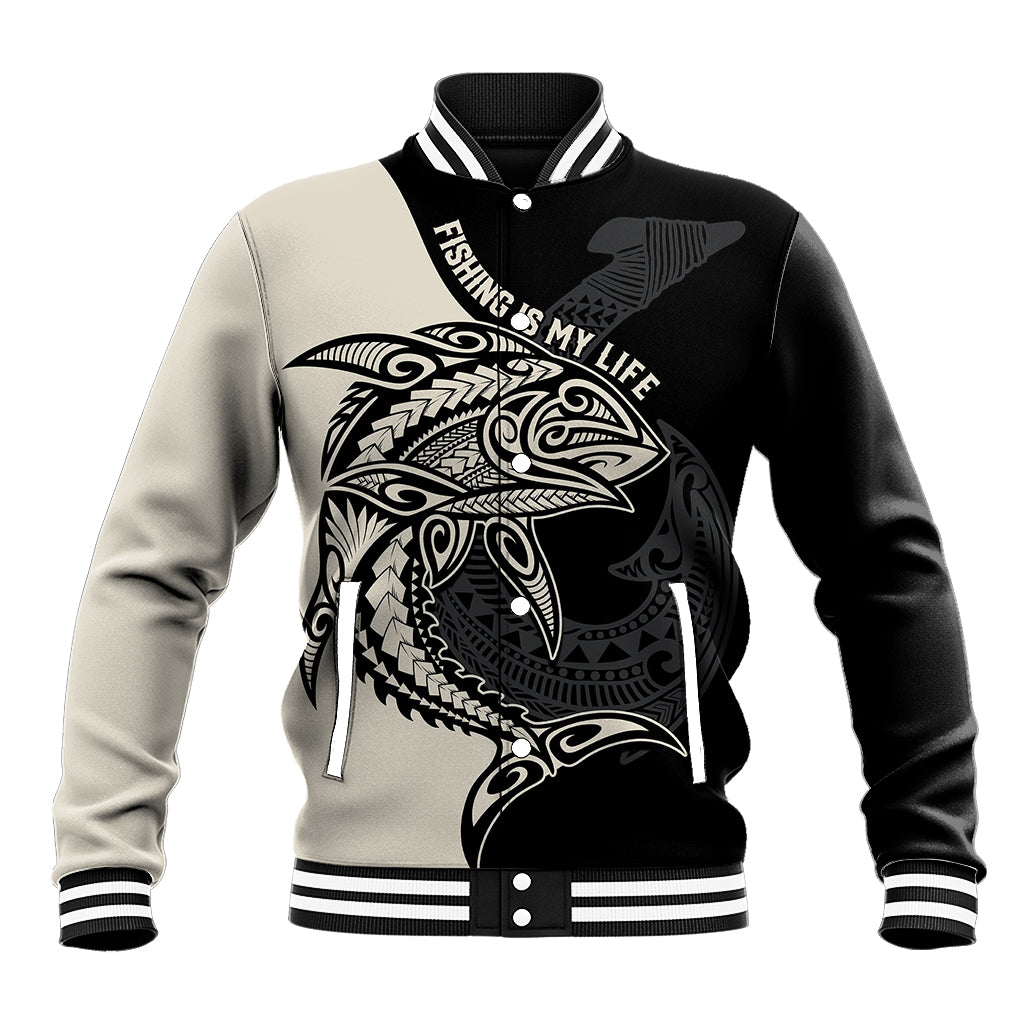Two-tone baseball jacket with striped collar, black front art and fish hook graphic