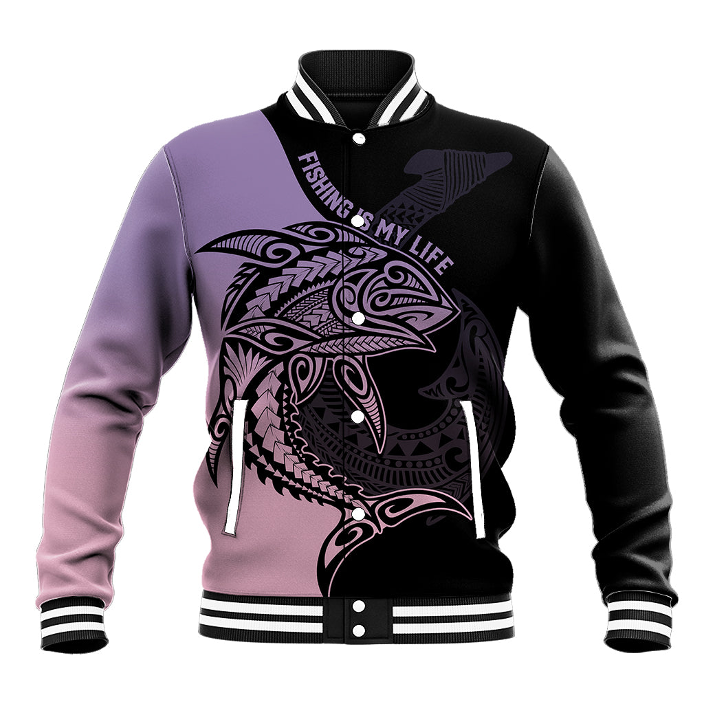 Two-tone black and lavender baseball jacket with fish-hook artwork and striped collar