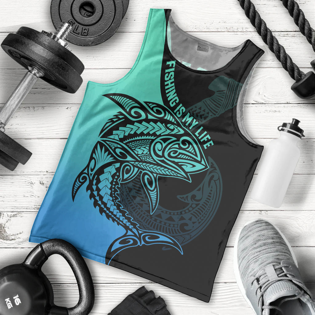 Personalised Polynesia Fishing Men Tank Top With Maori Hei Matau Fish Hook Turquoise Art - Wonder Print Shop