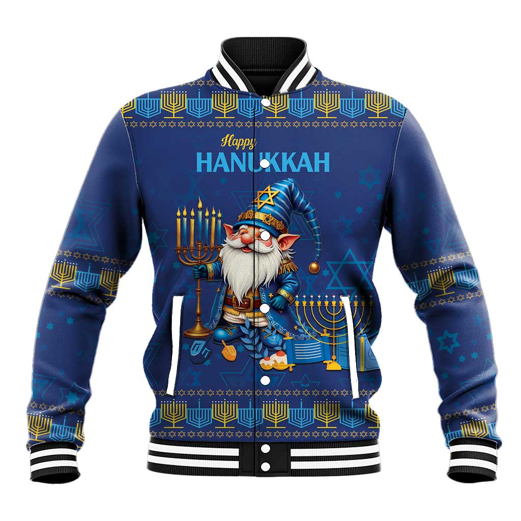 Unisex blue Hanukkah baseball jacket, front graphic with gnome, menorah, and Star of David