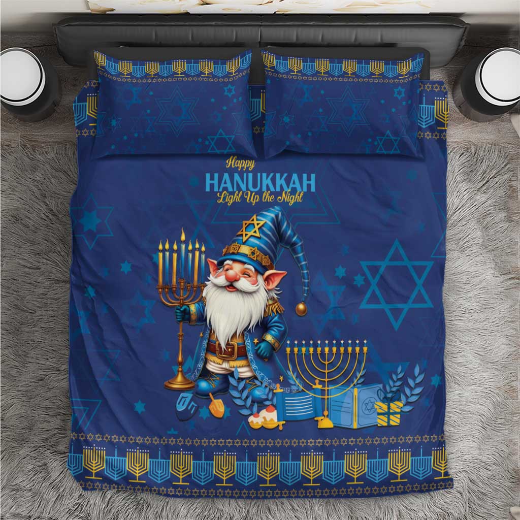 Blue Hanukkah bedding set with Star of David patterns, menorah, and gnome graphic