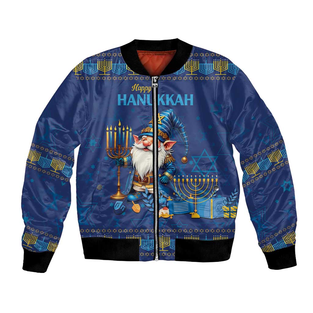 Blue Hanukkah bomber jacket with front zipper, menorah and gnome holiday graphic