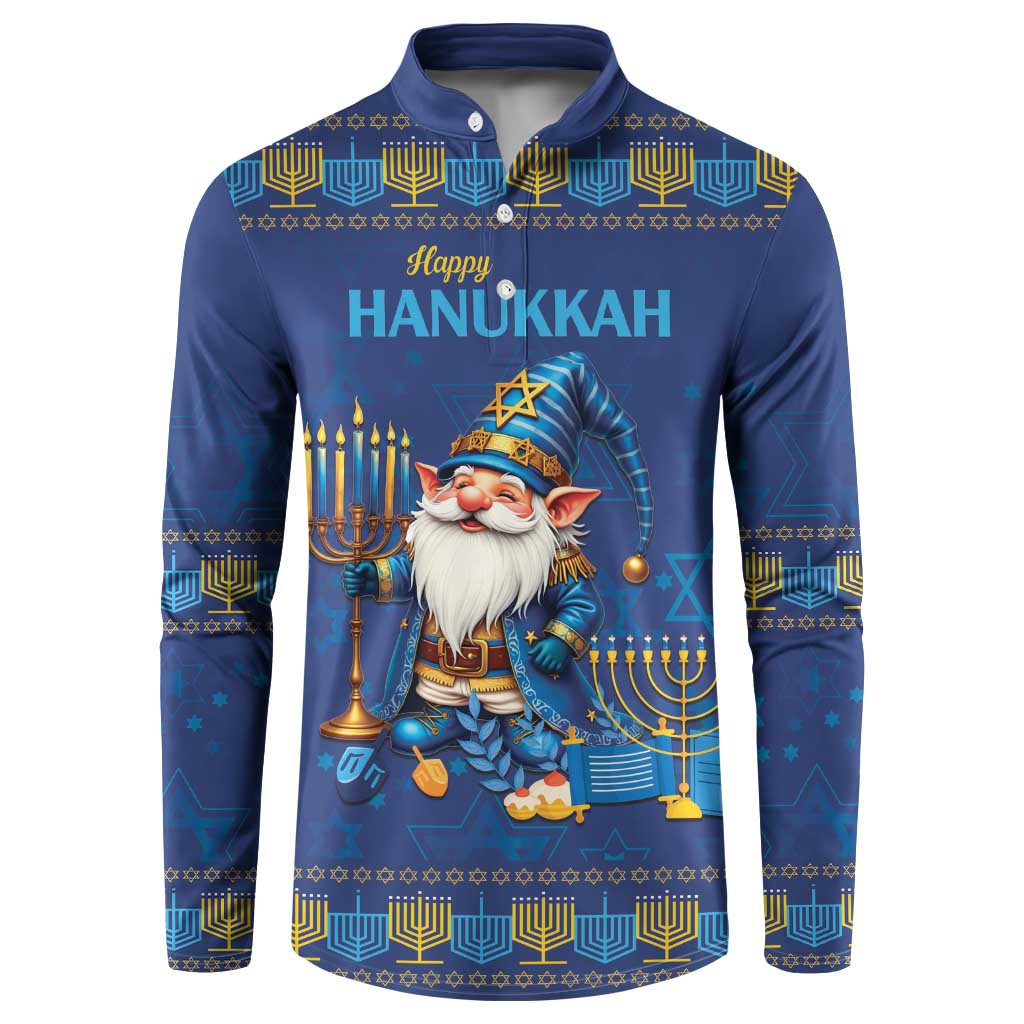 Blue Hanukkah long-sleeve button sweatshirt with Happy Hanukkah gnome front graphic