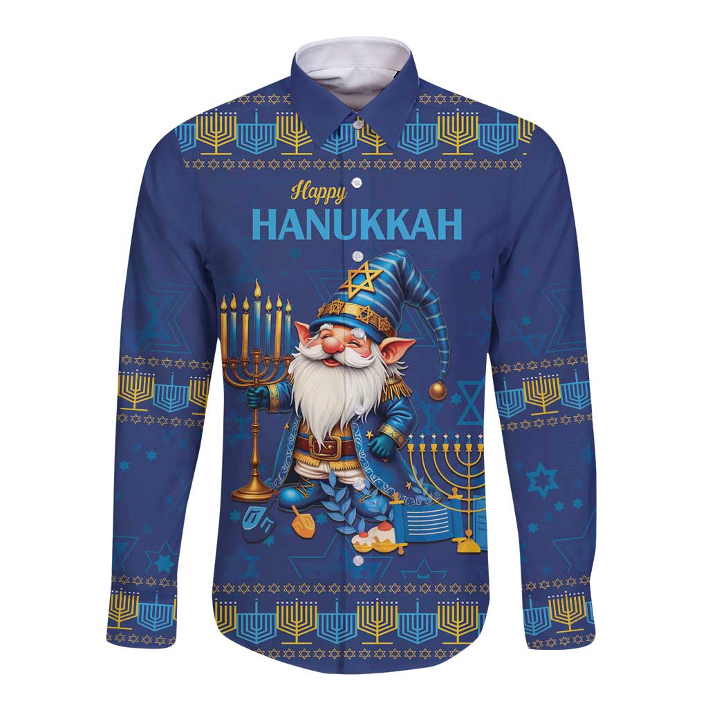 Blue long-sleeve button shirt with Happy Hanukkah graphic, menorah and Star of David