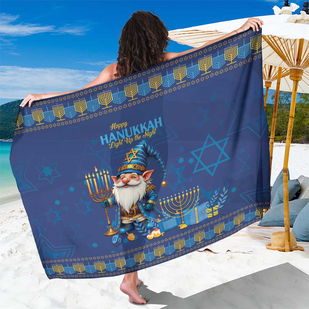 Blue Hanukkah sarong with Star of David, menorah, and gnome graphic