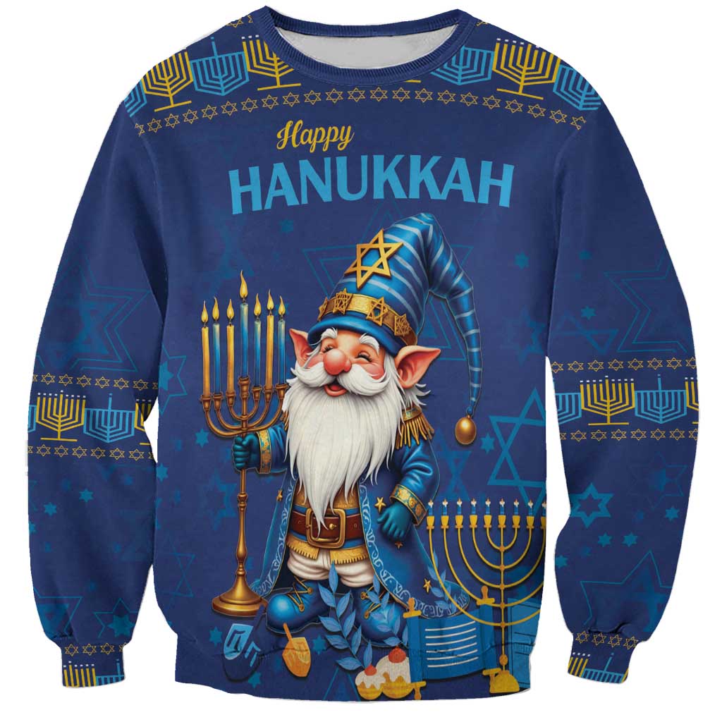 Blue Hanukkah sweatshirt with gnome and menorah, Happy Hanukkah front print