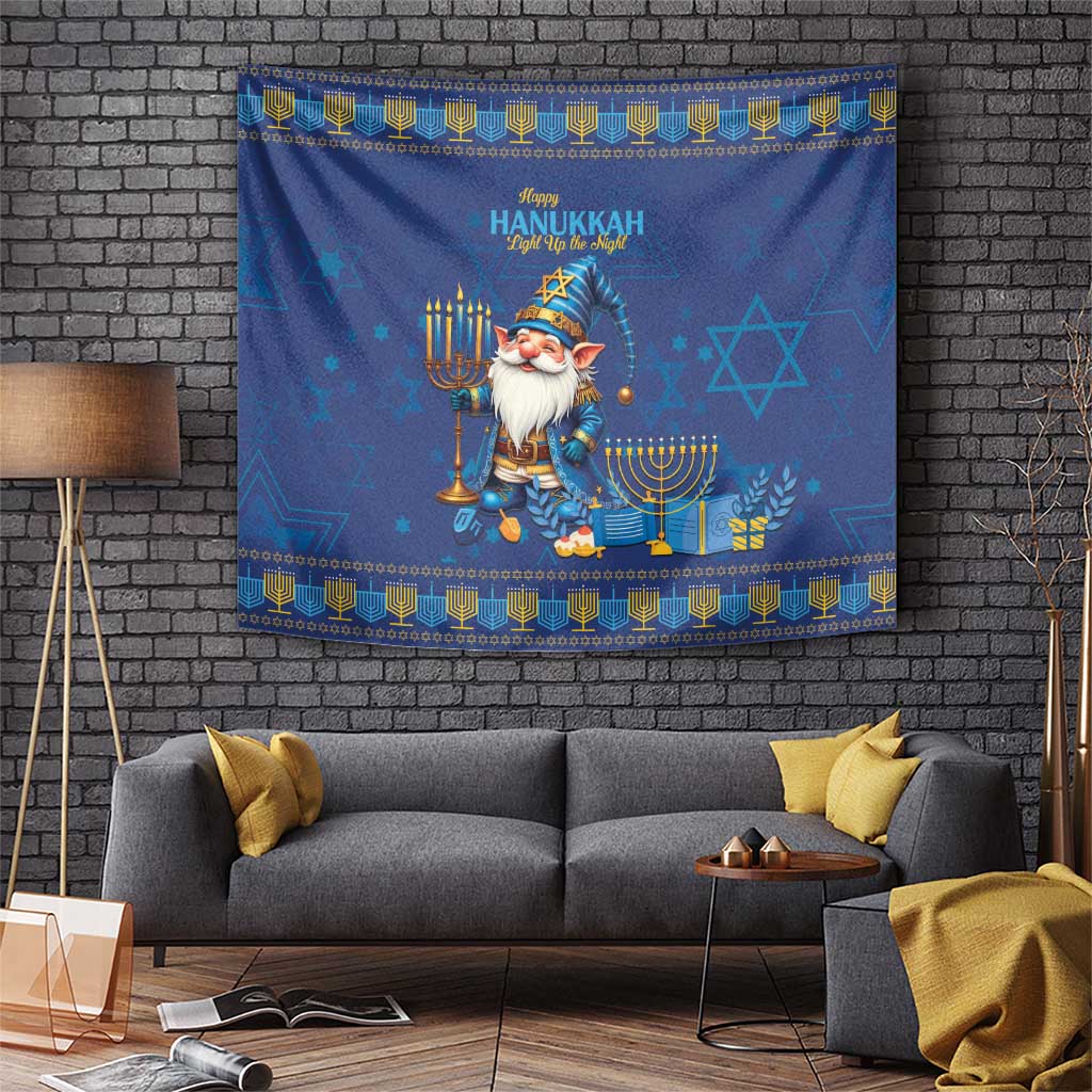 Blue Hanukkah tapestry with Star of David, menorah, and smiling gnome figure