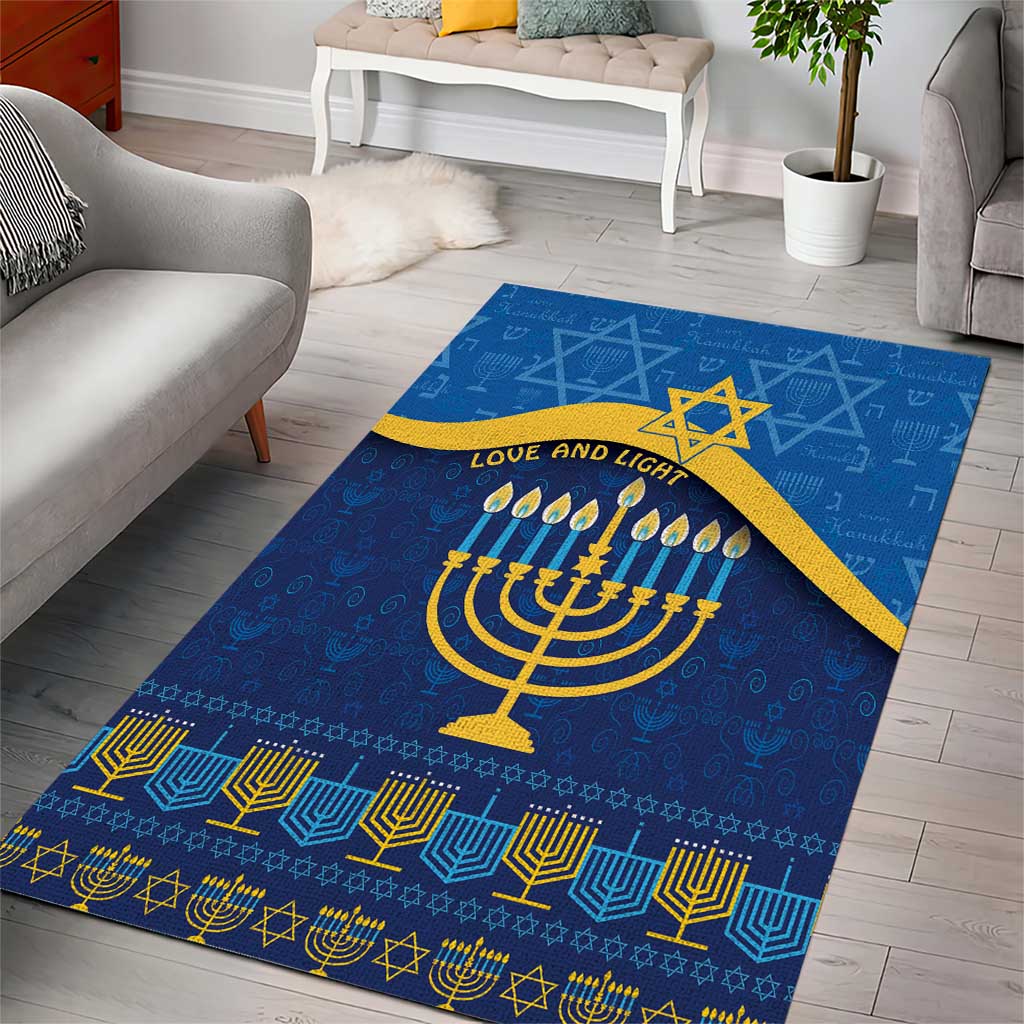Blue Hanukkah area rug with centered yellow menorah, Star of David, and border pattern