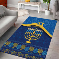 Blue Hanukkah area rug with centered yellow menorah, Star of David, and border pattern