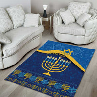 Blue Hanukkah area rug with yellow menorah and 'Love and Light' text strip
