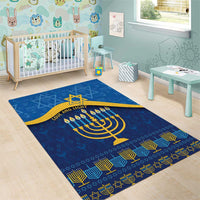 Blue Hanukkah area rug with yellow menorah and geometric pattern, Star of David