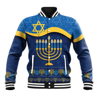 Blue baseball jacket with Hanukkah menorah pattern, striped ribbed collar and cuffs
