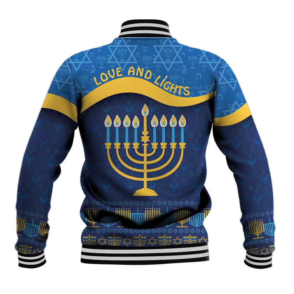 Blue baseball jacket back with 'LOVE AND LIGHTS' menorah graphic, striped rib trim