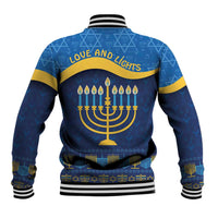 Blue baseball jacket back with 'LOVE AND LIGHTS' menorah graphic, striped rib trim