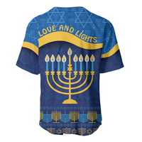 Blue baseball jersey back with "LOVE AND LIGHTS" and gold menorah candle design
