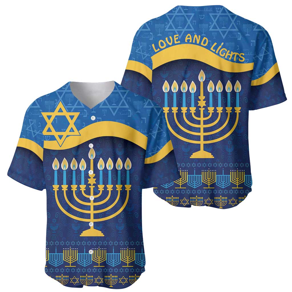 Pair of blue baseball jerseys: front and back, both with gold menorah candle pattern
