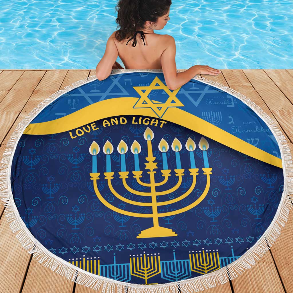 Blue round Hanukkah beach blanket with yellow menorah, Star of David, and fringe edge