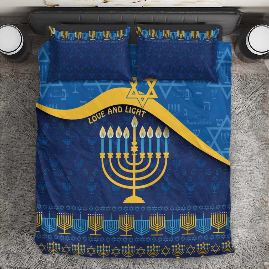 Blue Hanukkah bedding set with menorah and star of David pattern, gold accents, two pillowcases
