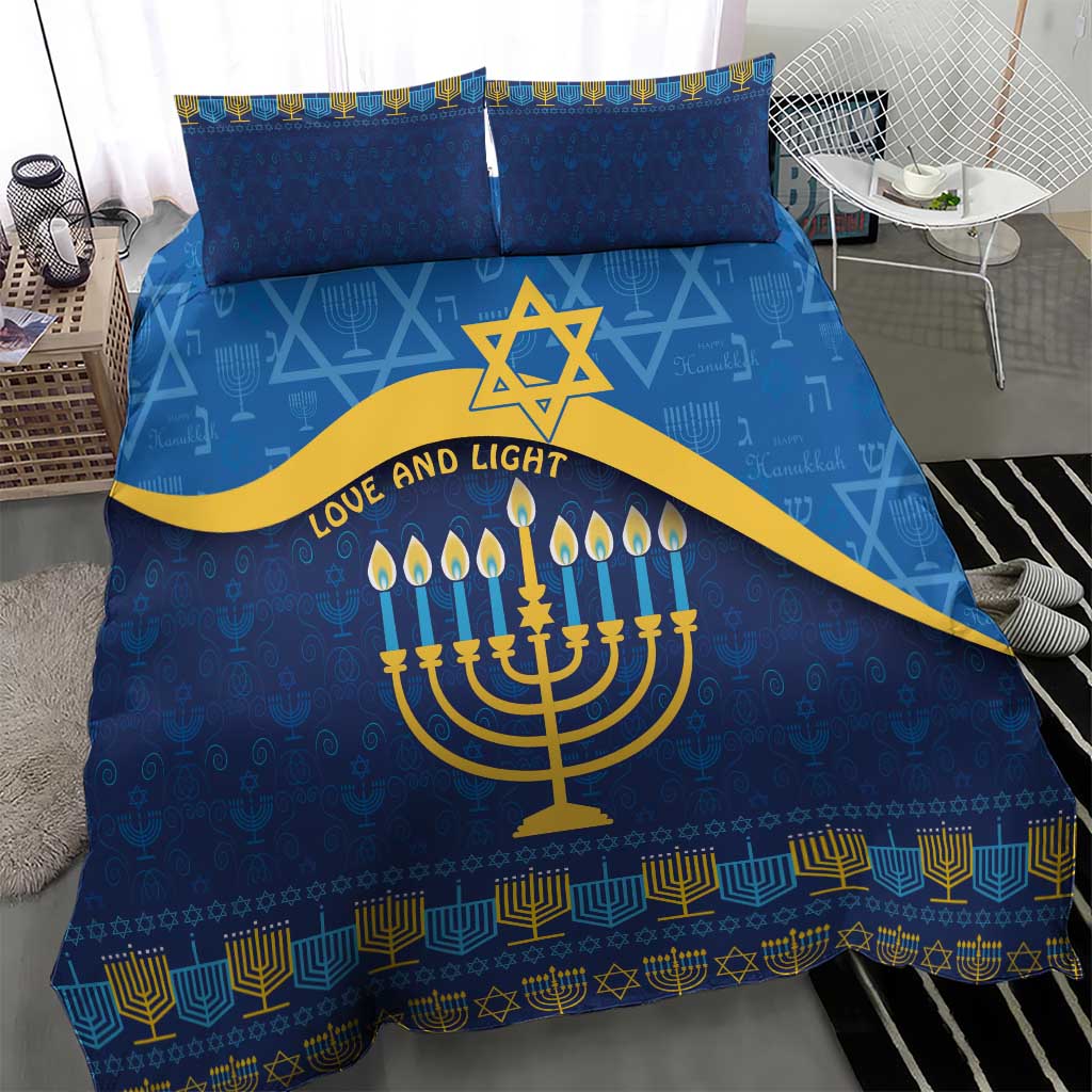 Blue Hanukkah duvet set with menorah and star of David center, gold stripe and patterned hem