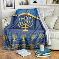 Blue Hanukkah blanket with gold Star of David, menorah and 'Love and Light' design