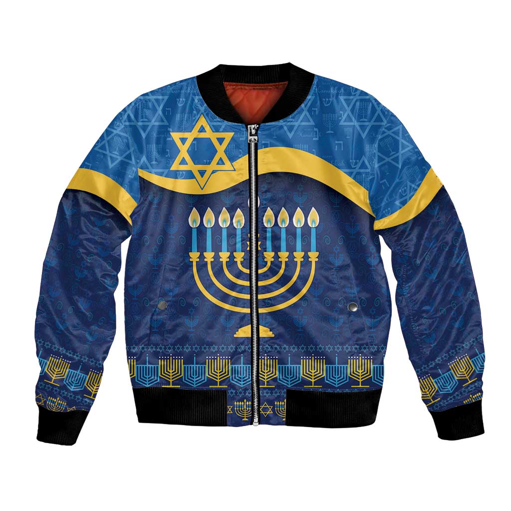 Unisex blue bomber jacket with gold Star of David and menorah pattern, front zip