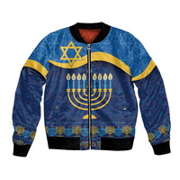 Unisex blue bomber jacket with gold Star of David and menorah pattern, front zip
