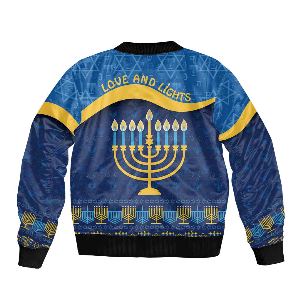 Unisex blue bomber jacket, back print 'LOVE AND LIGHTS' with menorah and candles