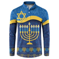 Blue Hanukkah button sweatshirt with menorah, candles, and Star of David print