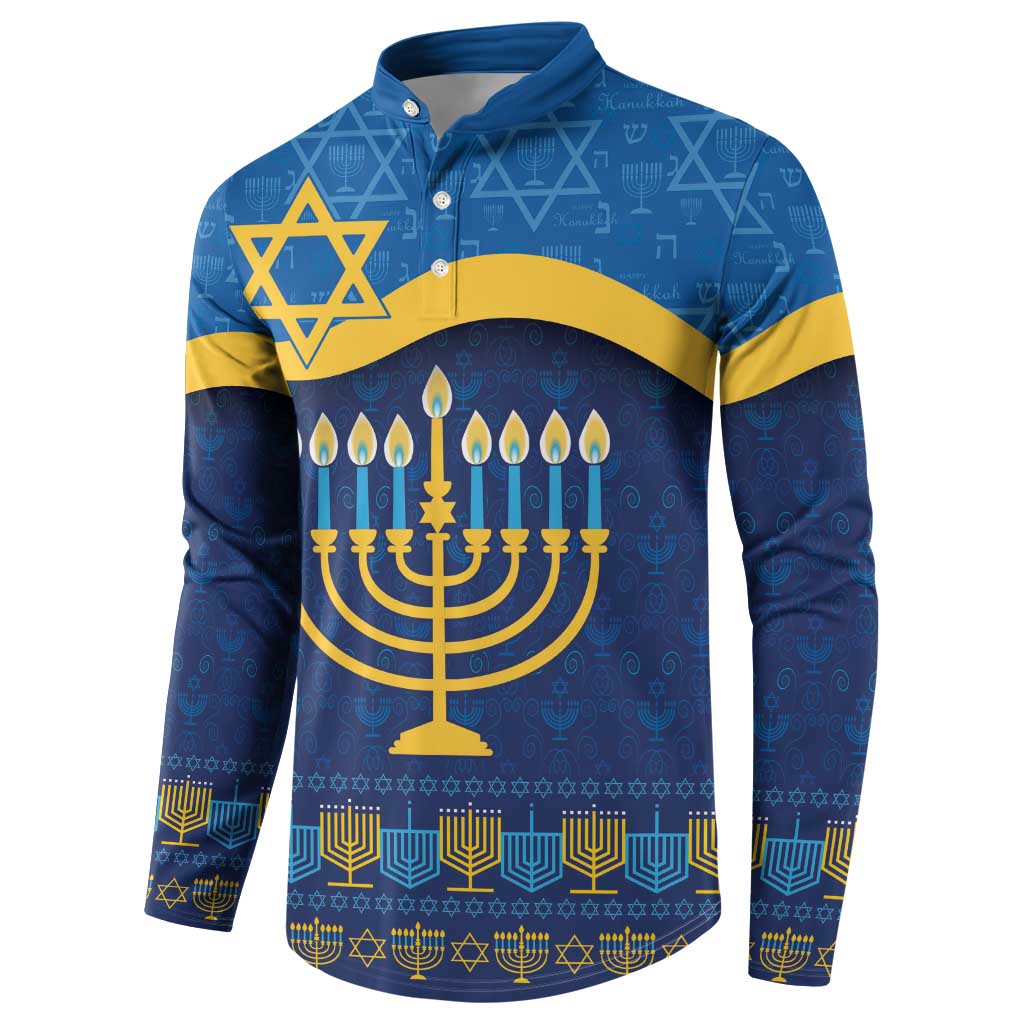 Blue Hanukkah button sweatshirt with menorah, candles, and gold Star of David print