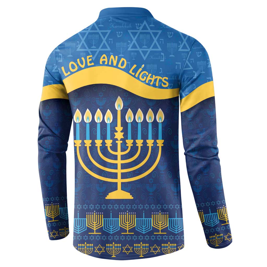 Blue Hanukkah button sweatshirt with 'LOVE AND LIGHTS' on back and menorah candles