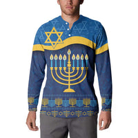 Blue Hanukkah button sweatshirt with menorah candles and gold stripe accents at chest