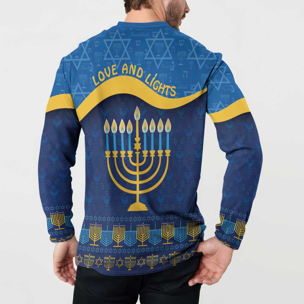 Blue Hanukkah button sweatshirt with 'LOVE AND LIGHTS' on back and full menorah graphic
