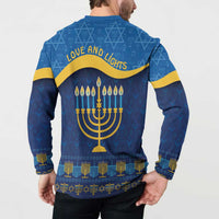 Blue Hanukkah button sweatshirt with 'LOVE AND LIGHTS' on back and full menorah graphic
