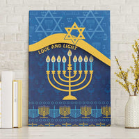 Blue canvas Hanukkah wall art with menorah, Star of David, and gold “Love and Light”.