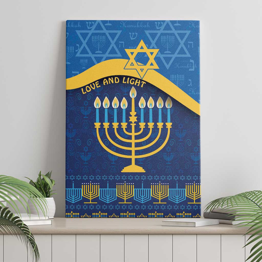 Blue Hanukkah canvas wall art with menorah candles, Star of David, and “Love and Light”.