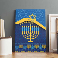 Blue Hanukkah canvas wall art with menorah candles and “Love and Light” banner.