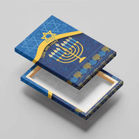 Blue Hanukkah canvas wall art with menorah and Star of David, shown stacked at an angle.