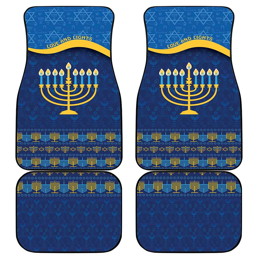 Blue car mat set with menorah and geometric border pattern, front and rear mats