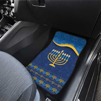 Blue Hanukkah car mat with gold menorah and yellow trim for back seat footwell