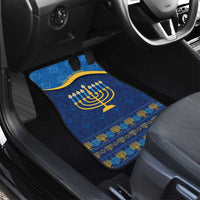 Blue Hanukkah car floor mat with gold menorah design and patterned border