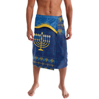 Men's blue lavalava sarong with Hanukkah menorah pattern, gold and navy designs
