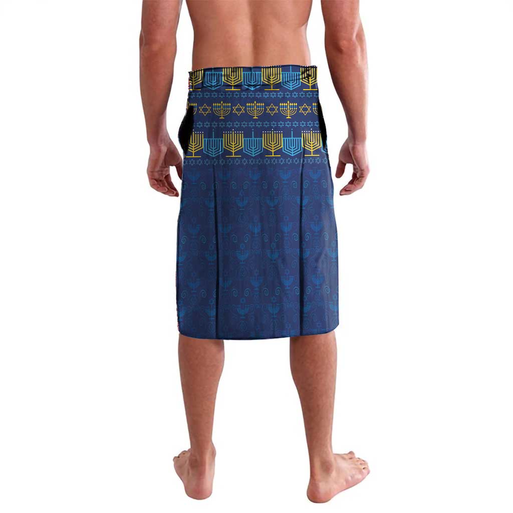 Men's blue lavalava sarong with repeating menorah and candle motifs, gold trim