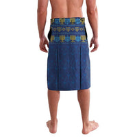 Men's blue lavalava sarong with repeating menorah and candle motifs, gold trim