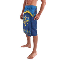 Men's blue lavalava sarong with Hanukkah menorah graphic, angled side view