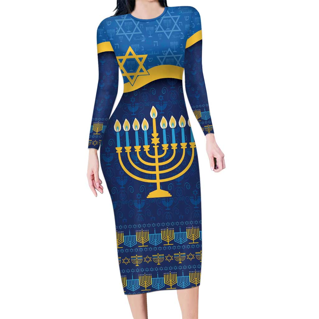 Love and Light Hanukkah Long Sleeve Bodycon Dress The Hanukkiah Menorah Pattern - Wonder Print Shop