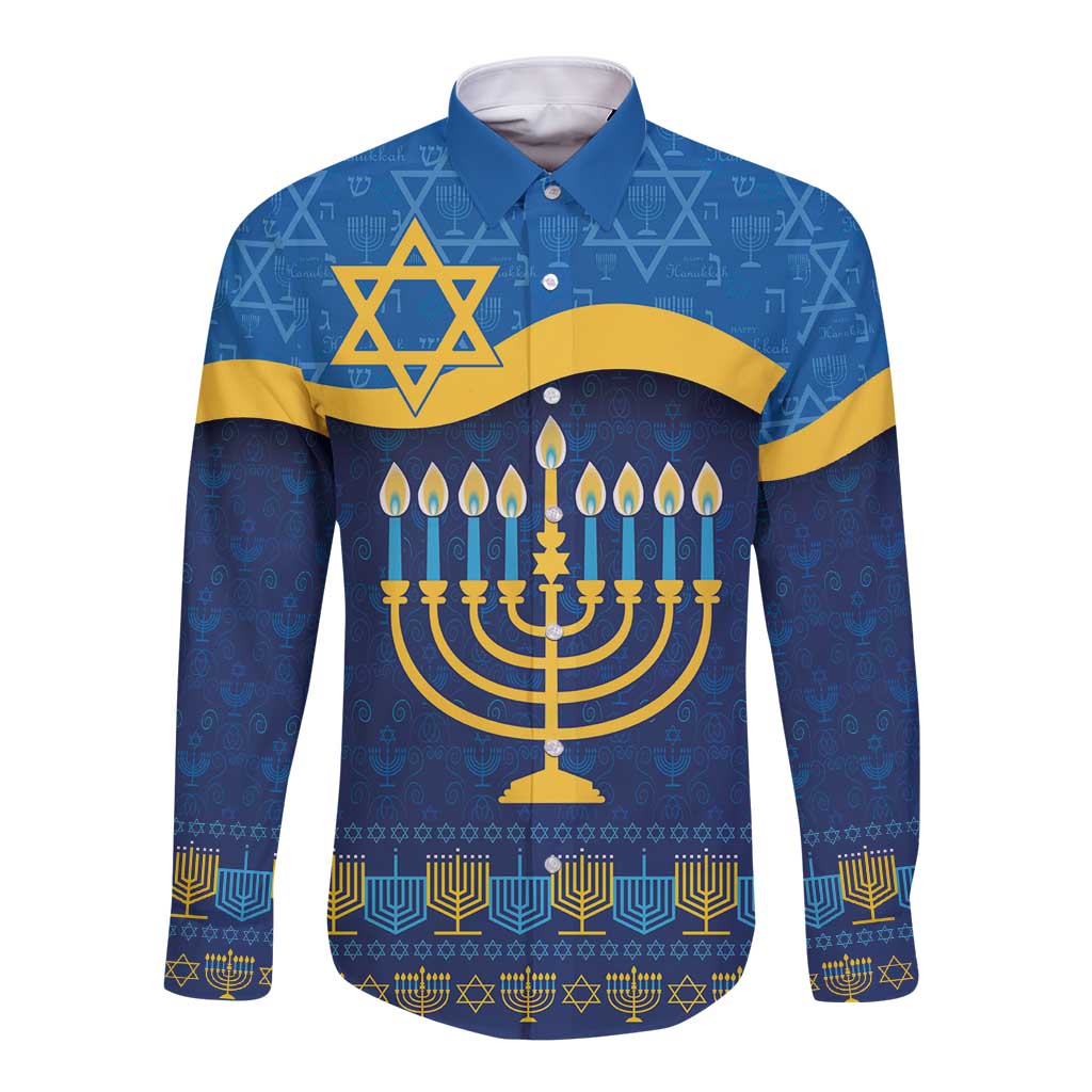Blue long-sleeve button shirt with Hanukkah menorah and candle pattern