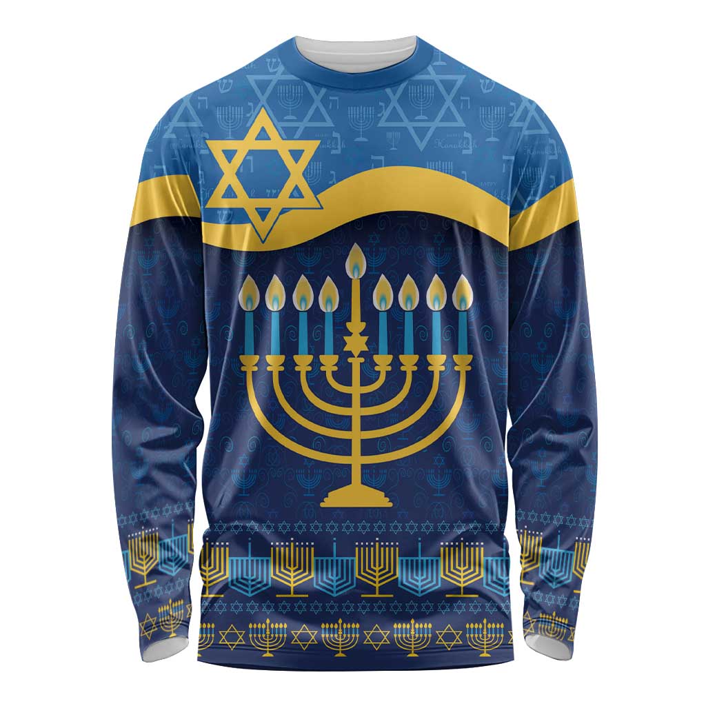 Blue long sleeve Hanukkah graphic shirt with gold menorah and Star of David pattern